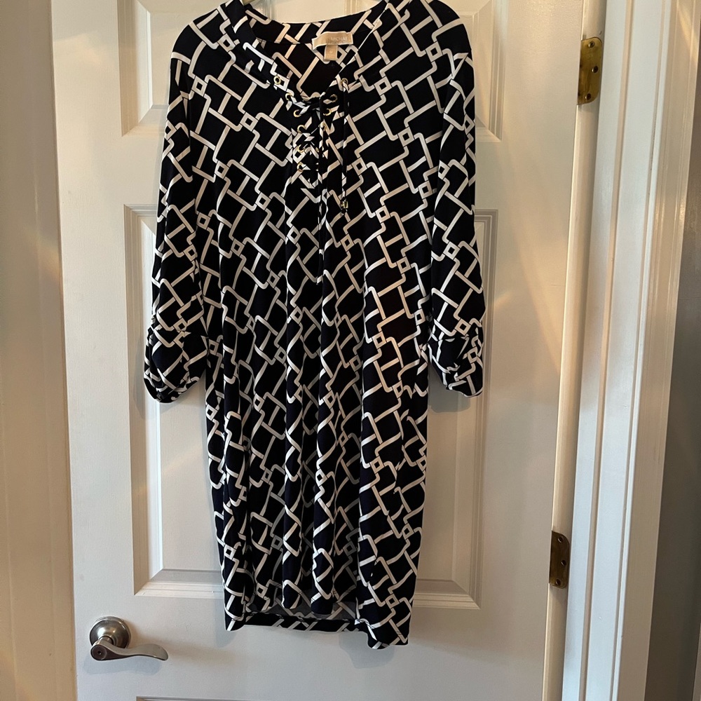 Michael Kors Geometric Dress Navy Beautiful Sleeves Gold Accent Medium